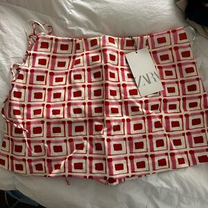 Zara Red and Pink Skorts with Bold Geometric Design